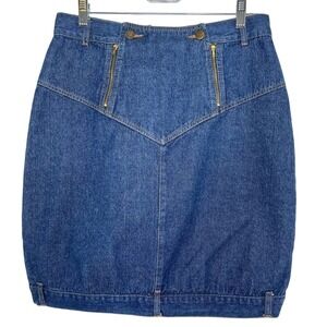 Vintage Women's 100% Cotton Re-Constructive Blue Denim Midi Skirt Size 15/16